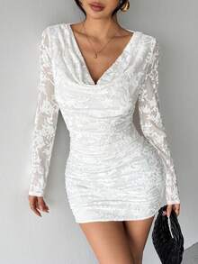 Islaluna Đầm dự tiệc mini ôm sát cổ tay dài họa tiết lá nhung thanh lịch dành cho nữ, mùa đông - Màu be - Xem 4