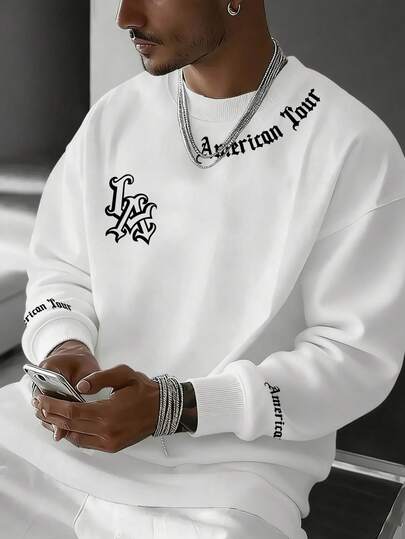 Manfinity Roughcore LA USA Tour Gothic Letter Design Men's Fashionable Casual Versatile Crew Neck Sweatshirt Chic Autumn