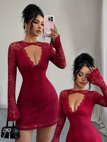 Rafferiza Women's Elegant Romantic Lace Round Neck Hollow Splice Lace Trim Long Sleeve Elastic A-Line Mini Dress, Suitable For Date, New Year, Party, Wine Red, Thanksgiving, Valentine's Day Slay Diva Dress Dark Red Dress Red Wine Dress Birthday Dinner Dress Sexy Red Sexy Dress - Burgundy - View 3