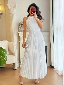 Rafferiza 纯色立领无袖腰部荷叶边优雅时尚连衣裙 - 白色 - 查看 5