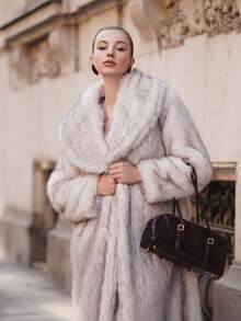 ORNATELLA Women's Faux Fur Collar Fluffy Faux Fur Jacket, Dual-Tone, Autumn/Winter - Grey - View 4