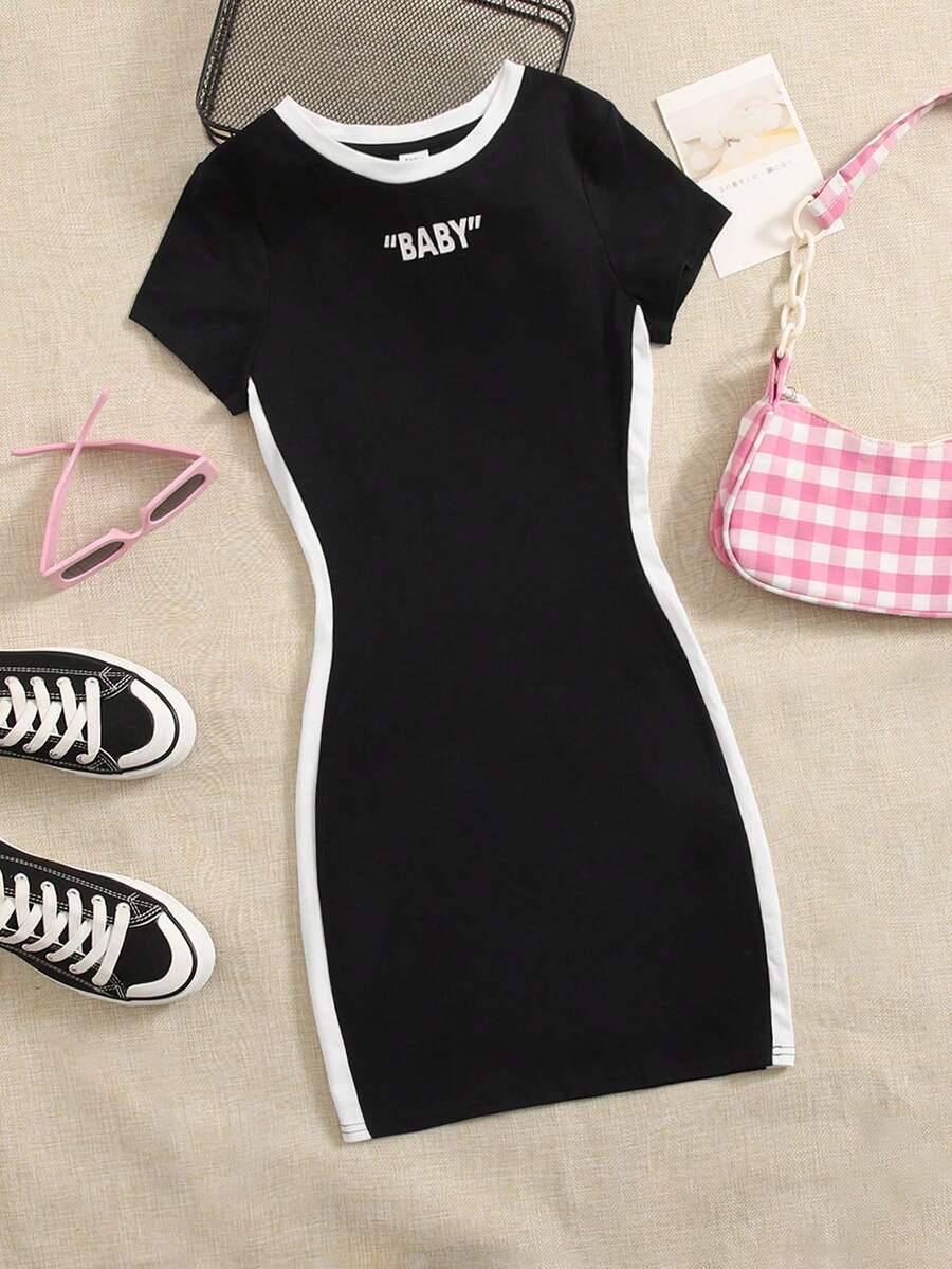 SHEIN Chicas adolescentes Vestido con estampado de letra ribete en contraste - Negro - Ver 1