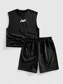ROMWE MEN Street Life Men's Casual Graphic Print Tank Top & Drawstring Shorts Set - Black - View 1