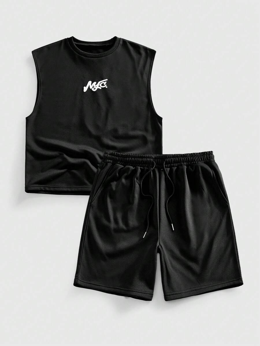 ROMWE MEN Street Life Men's Casual Graphic Print Tank Top & Drawstring Shorts Set - Black - View 1