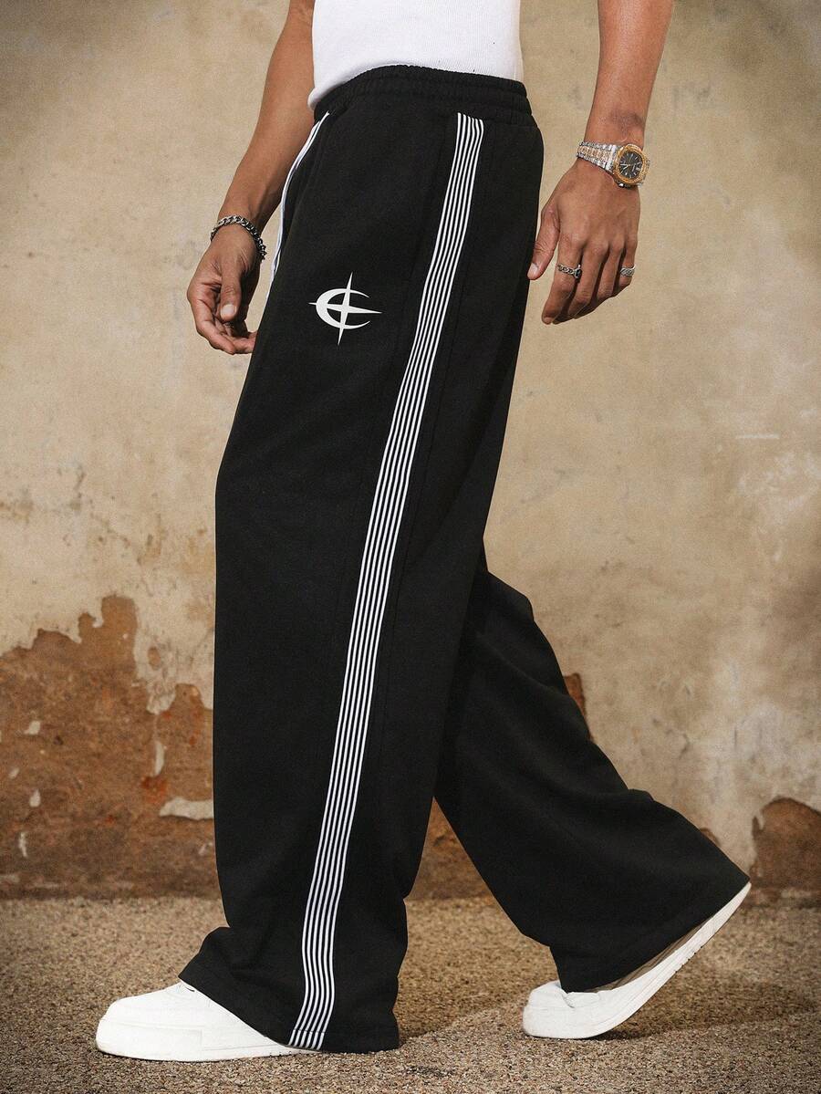 PAVTROS 男士休闲畅销新款运动裤，白色条纹，INS风百搭，四季皆宜，日常百搭，休闲运动裤，拍照必备，送给男友/老公的必备礼物，男士休闲，Y2K风格 - 黑色 - 查看 1