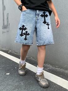 SHEIN Kids Boys' Oversized Cross Embroidered Blue Denim Shorts - Blue - View 4