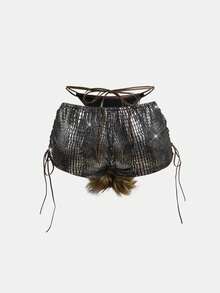 ROMWE Hippie Y2K Sexy Lace-Up Fuzzy Shorts - Brown - View 2