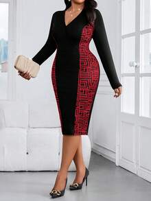 SHEIN Lady Đầm ôm dáng thanh lịch cổ chữ V họa tiết hình học cỡ lớn cho nữ - Nhiều màu - Xem 3