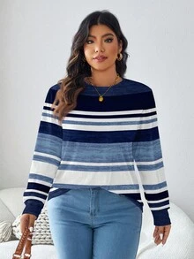 EMERY ROSE Damen Große Größen Lässig gestreiftes Farbblockdesign, locker geschnittenes Rundhals Langarm T-Shirt mit Allover-Muster, Herbst/Winter - Verschiedenfarbig - Übersicht 3