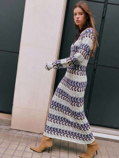 Nöista Women's Fitted Sweater Dress With A Round Neck, Long Sleeves, And Textured Geometric Knit Pattern. Elegant And Cozy, Perfect For Spring Break Outfits Outfits And Seasonal Styling.