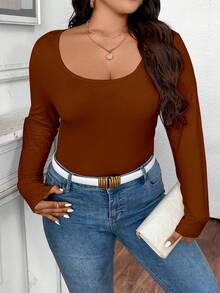 Elenzga Camiseta casual versátil de manga larga, cuello de pico y ajuste ceñido en unicolor para mujer de talla grande - Marrón - Ver 6