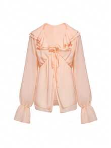 Gloray Ruffle Trim Flounce Sleeve Knot Front Top - Baby Pink - View 3