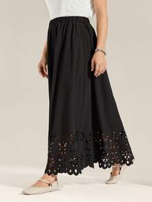 Momelise Plus Size Black A Line Maxi Skirt Casual Scallop Laser Cut Fabric Skirt Semi Sheer Plain - Black - View 7