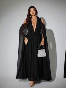 Viva Relle 大码女士性感深V领透视网纱披肩袖收腰派对连衣裙 - 黑色 - 查看 5