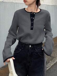 FRIFUL 女士宽松圆领半拉链撞色袖口和门襟华夫格纹理休闲T恤 - 灰色 - 查看 2