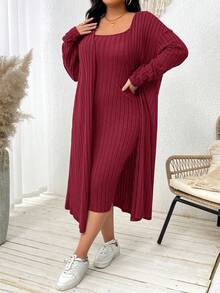 SHEIN Essnce 大码女装秋冬休闲舒适长袖军绿色紧身连衣裙和长款开衫两件套，秋季服装，秋季连衣裙套装，女士外套套装，两件套加大码 - 酒紅色 - 查看 1