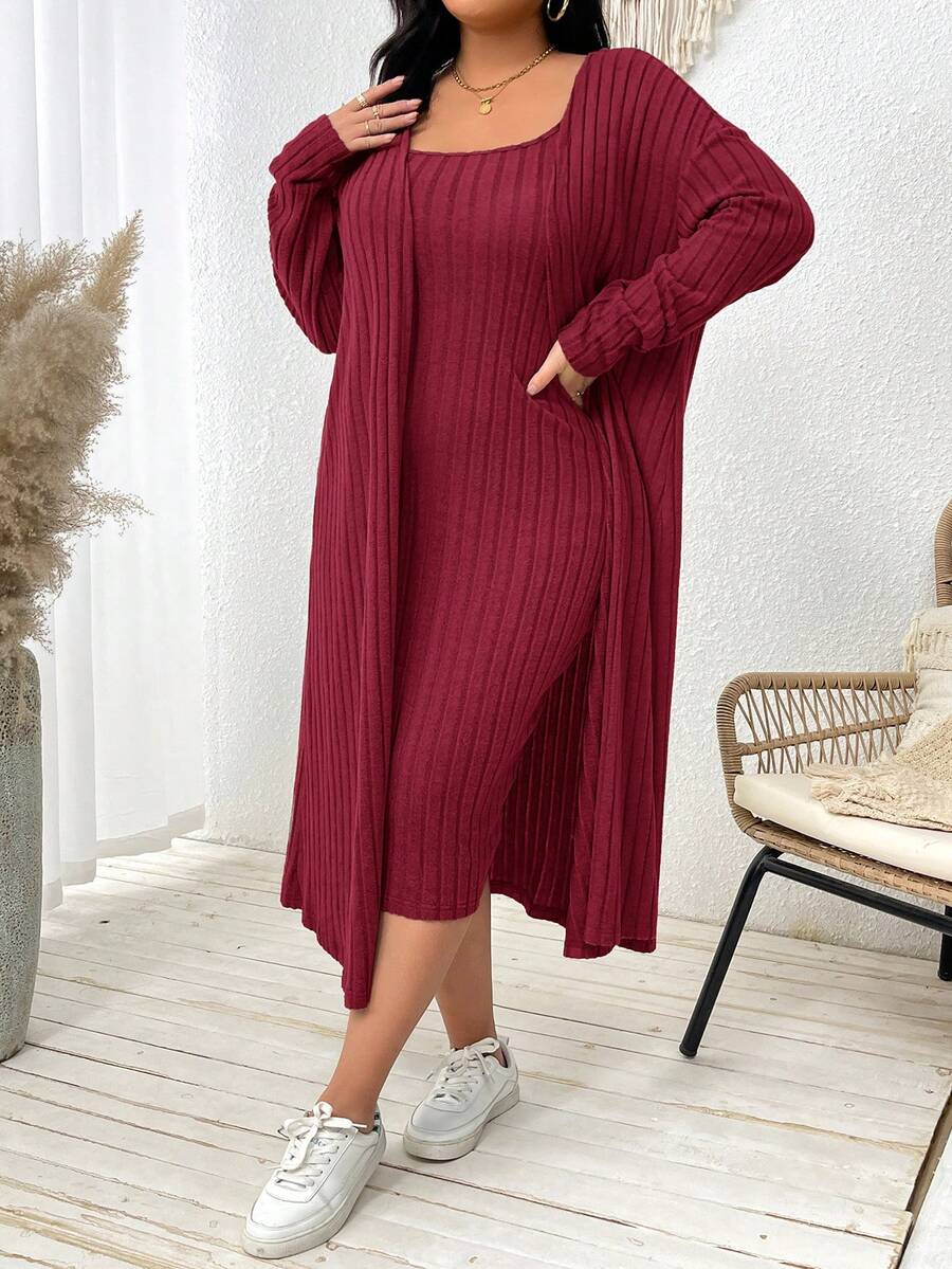 SHEIN Essnce 大码女装秋冬休闲舒适长袖军绿色紧身连衣裙和长款开衫两件套，秋季服装，秋季连衣裙套装，女士外套套装，两件套加大码 - 酒紅色 - 查看 1