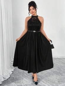 Elenzga Robe mi-longue décontractée à encolure en V, empiècement en dentelle, taille élastique, sans manches, volants à la taille, ourlet évasé. Convient pour la Saint-Valentin, les vacances, les fêtes - Noir - Voir 4