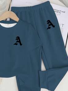 SHEIN 男婴休闲简约圆领短袖上衣和裤子套装，经典酷炫简约字母 A 印花 - 彩色 - 查看 5