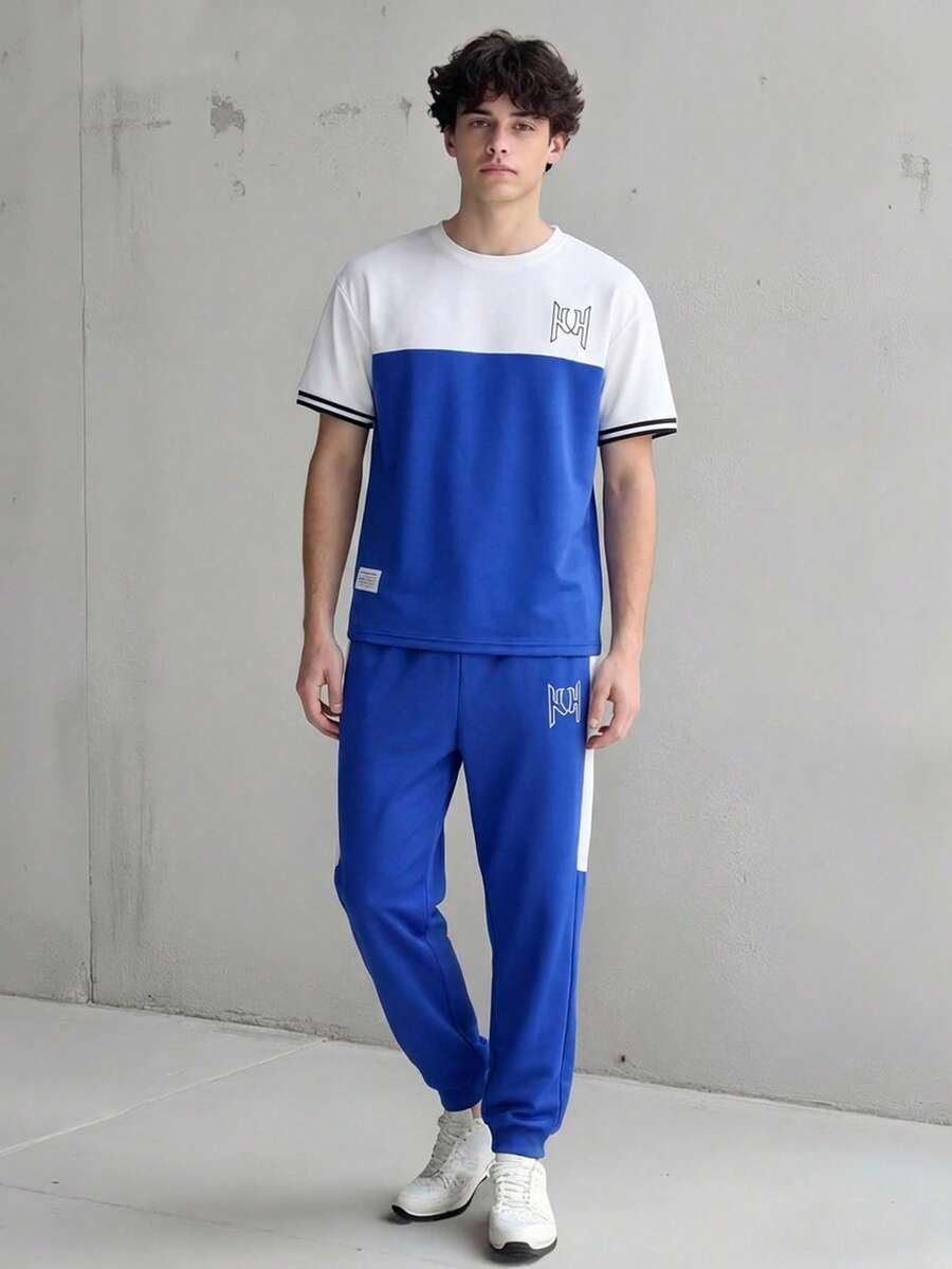 Vacaura 2件套青少年男童休闲撞色拼布字母印花T恤和运动裤套装 - 藍色 - 查看 1