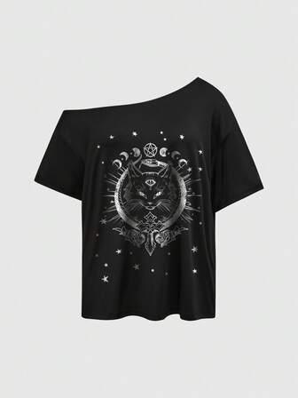 Gothic Dämon Pentagramm Katze Mond Stern Kreuz Auge Sexy asymmetrische Schulter Schwarz einfarbiges Basis Street Vintage Große Größen T-Shirt