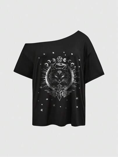 Gothic Demon Pentagram Cat Moon Star Cross Eye Sexy Asymmetrical Shoulder Black Solid Basic Street Vintage Plus Size T-Shirt