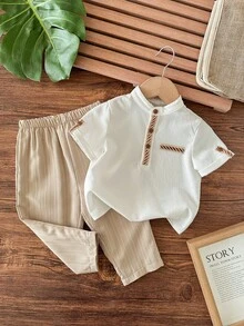 男婴可爱休闲百搭字母印花长袖衬衫和松紧腰裤套装 - 白色 - 查看 4