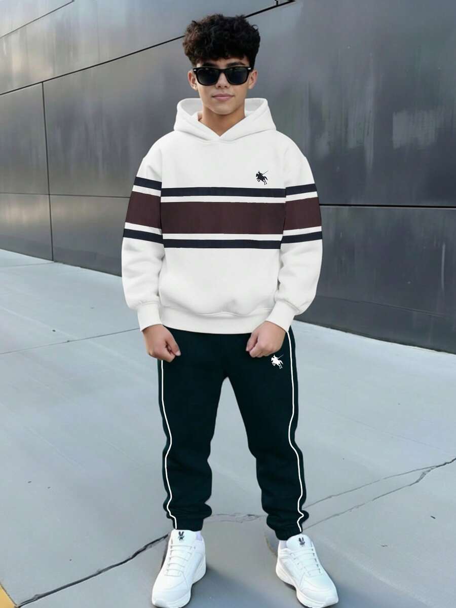 青少年男童休闲简约风,时尚经典,酷炫风格,马球标志,美式复古,运动风,学院风,撞色宽松舒适长袖连帽衫套装,适合秋冬季穿着 - 彩色 - 查看 1