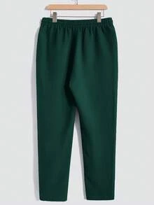 Manfinity Homme 男士翻领单排扣口袋短袖衬衫搭配抽绳腰长裤，休闲通勤套装 - 墨綠色 - 查看 3