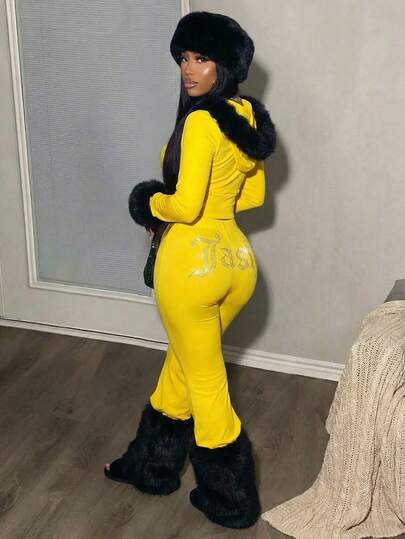 Slaydiva 新款秋冬运动风家居服套装，连帽设计，前中拉链，毛绒拼接长袖短外套搭配微喇叭长裤