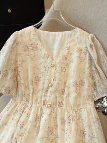 GlowEve CURVE Váy chữ A tay ngắn họa tiết hoa cổ chữ V cỡ lớn, chất liệu vải kết cấu, thắt eo, mùa xuân/hè - trắng - Xem 4