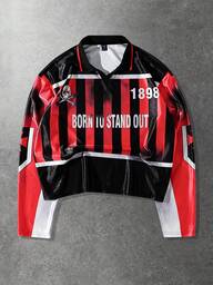 Men's Striped Letter Print Long Sleeve Polo Shirt, Loose Fit