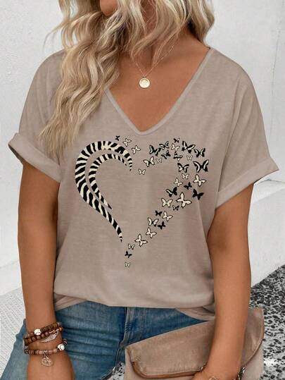 EMERY ROSE New Arrival Spring/Summer Bestselling Plus Size Women V-Neck Short Sleeve T-Shirt With Butterfly & Heart Pattern