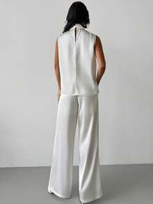 Firerie Modern Minimalist Design White Set: Pleated Collar Irregular Hem Camisole Top, And Draped Flowy Straight Leg Pants, Made Of Comfortable And Skin-Friendly Fabric, Elegant And Dignified Office Wear, Versatile For Family Gatherings, Fashion Celebrations, Spring/Summer Vacation, And Casual Daily Wear - White - View 5
