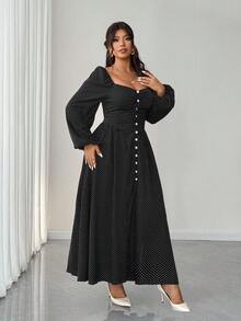 Elenzga Damen Große Größen Kleid mit Herzausschnitt, Polka Punkte, Einreiher, Taillenzug und Langarm für Partys - Schwarz - Übersicht 4