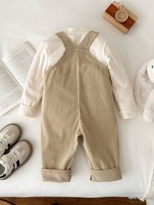 LMoss Kids LMoss Baby Boy's Solid Color Bear Pattern Casual Jumpsuit, Suitable For Autumn And Winter Wear,Cozy Fall & Winter Styles,Corduroy Fabric - Khaki - View 3