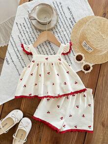 LMoss Kids 女婴碎花荷叶边领休闲上衣和短裤两件套 - 紅色 - 查看 5