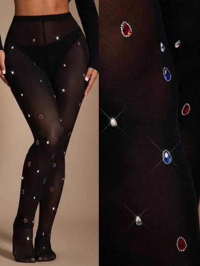 Radiana Women's Elegant Luxurious Black Basic Handmade Crystal Decor Sheer Leggings, Mesh Stirrup Tights, Sparkling Alluring Crystal Mesh Fabric Leggings, Suitable For Daily Wear, Dates, Gatherings, Parties, Clubs, Nightclubs, Stretchy Material Fits Body Nicely, Easy To Match Sparkly