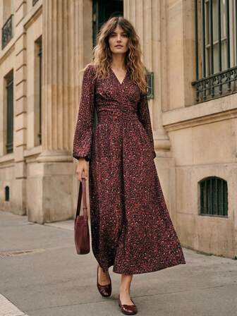 Écloséra 优雅别致的腰部褶皱灯笼袖中长连衣裙，酒红色豹纹印花，秋季款