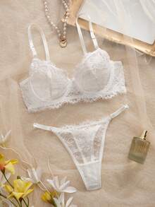 SHEIN Floral Lace Underwire Bra & Panty Lingerie Set - White - View 6