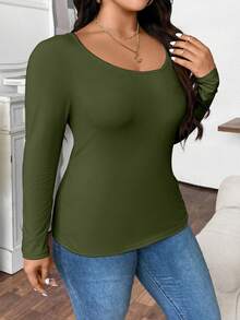 Elenzga 大码女式纯色圆领长袖修身休闲百搭T恤 - 軍綠色 - 查看 3