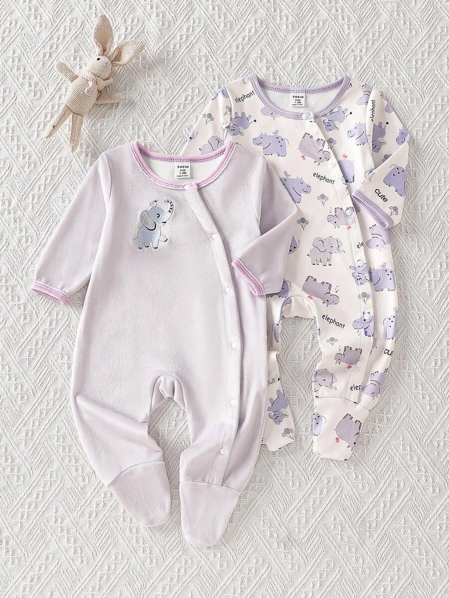 2pcs/Set Newborn Long Sleeve Romper, Cute Elephant & Rhinoceros Print And Embroidery, Soft Fleece And Regular Fabric Combination, Comfortable Outfit For Infant Everyday Wear - Mauve Purple - View 1