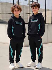 Vacaura 2pcs Young BoyBlack Sweatshirt And Sweatpants Set With Lightning Print, Suitable For Outdoor Activities In Spring And Autumn - Black - View 1