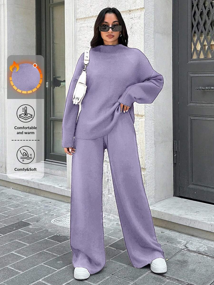 SHEIN Tall 2pcs/Set Stand Collar Long Sleeve Pullover Top And Pants Casual Knit Suit - Mauve Purple - View 1