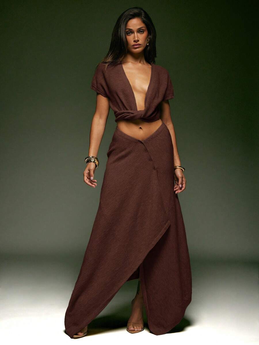 Denimoi Asymmetrical Hem V-Waist Sweater Skirt, Fashionable, For Fall And Winter - Chocolate Brown - View 1