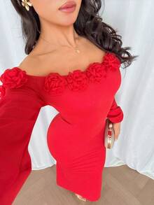 Rafferiza Đầm dài tay trễ vai họa tiết hoa ôm sát, trang phục Valentine thời trang và gợi cảm cho nữ, đầm thanh lịch cho nữ, đầm dài màu đỏ, đầm dạ hội đỏ sang trọng, đầm dự tiệc, đầm trễ vai cho nữ. - Đỏ - Xem 6