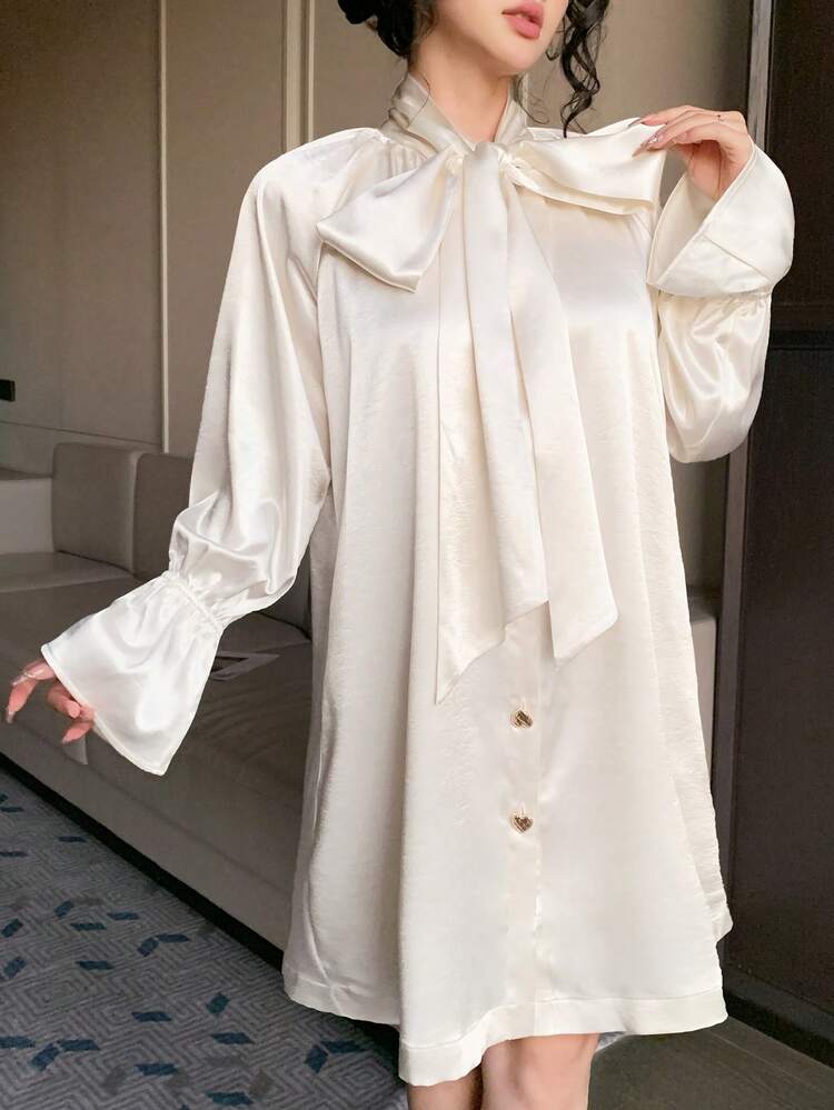 Elegant Solid Color Shirt Dress With Loose Tie Collar For Women