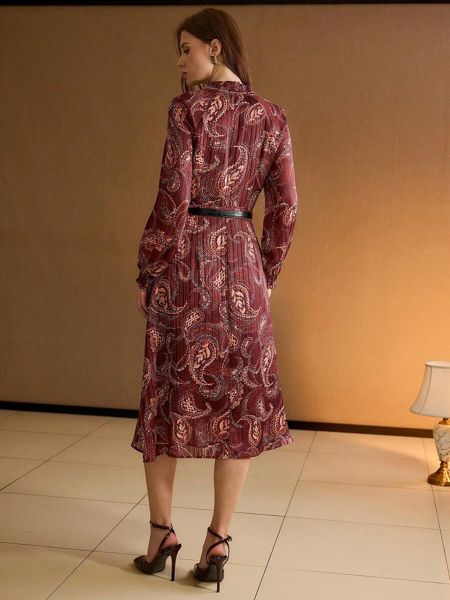 MOTF PREMIUM PAISLEY PRINT FRILL NOTCH NECK CHAIN DETAIL LANTERN SLEEVE PLISSE LONG DRESS - Red - View 2