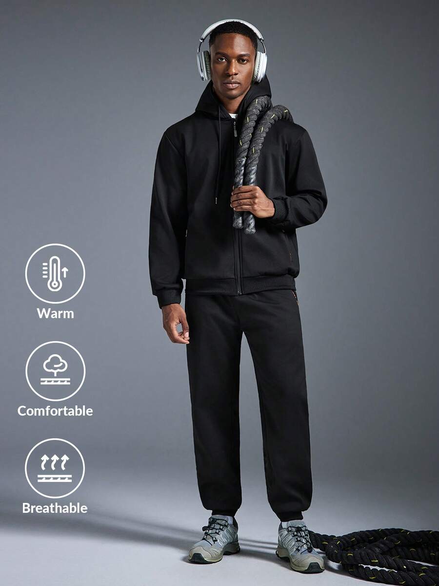 Driftmere 2 件冬季休闲加绒加厚防风保暖男士服装秋季衣服 - 黑色 - 查看 1