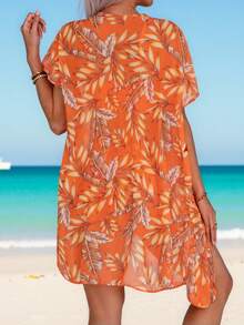 Conjunto de bikini sexy de verano para mujer con estampado tropical, parte superior e inferior separables, y kimono de manga corta a Set - Naranja Quemada - Ver 2